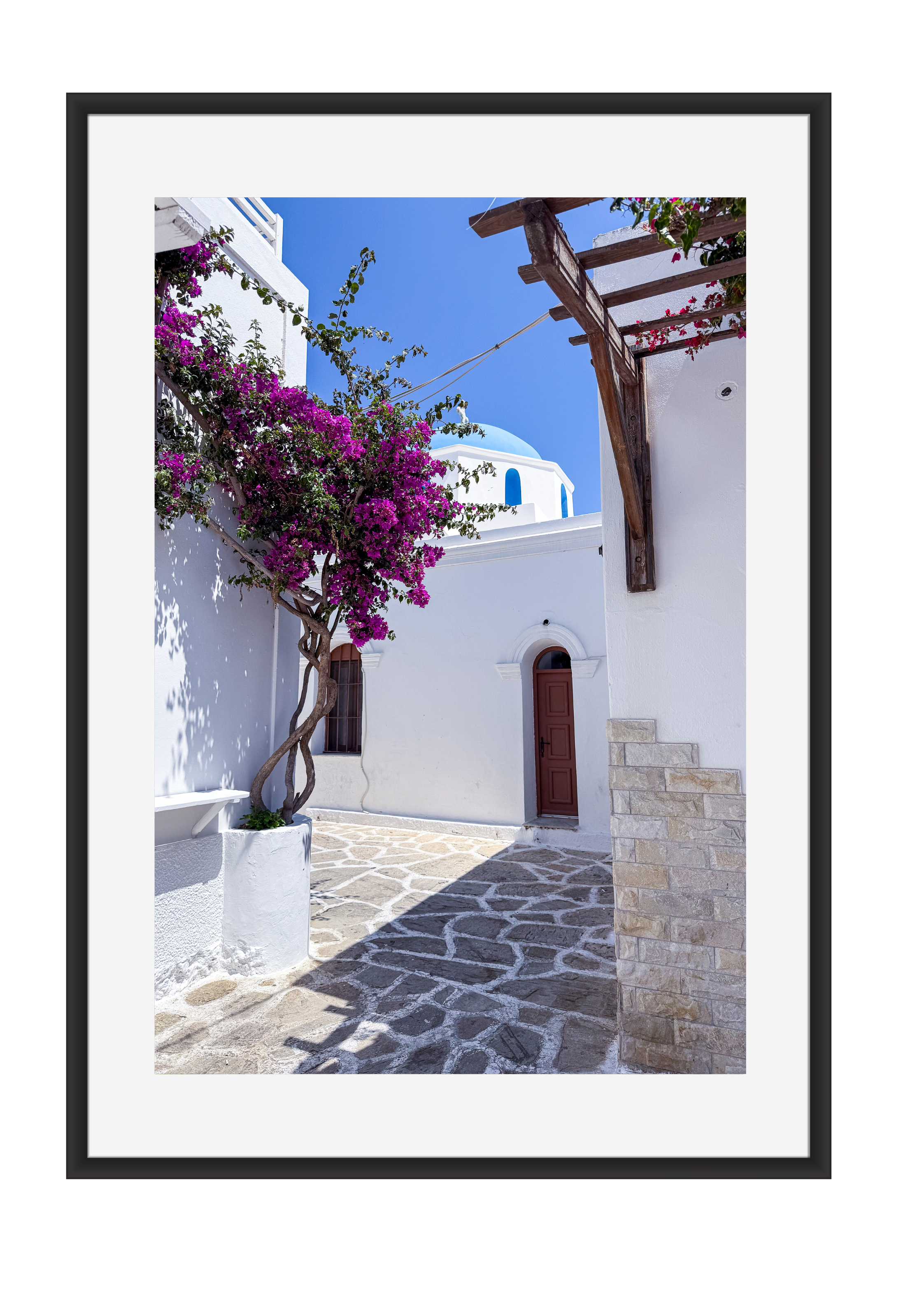 Pink bougainvillea against white walls in Naousa, Paros – photographic wall art print