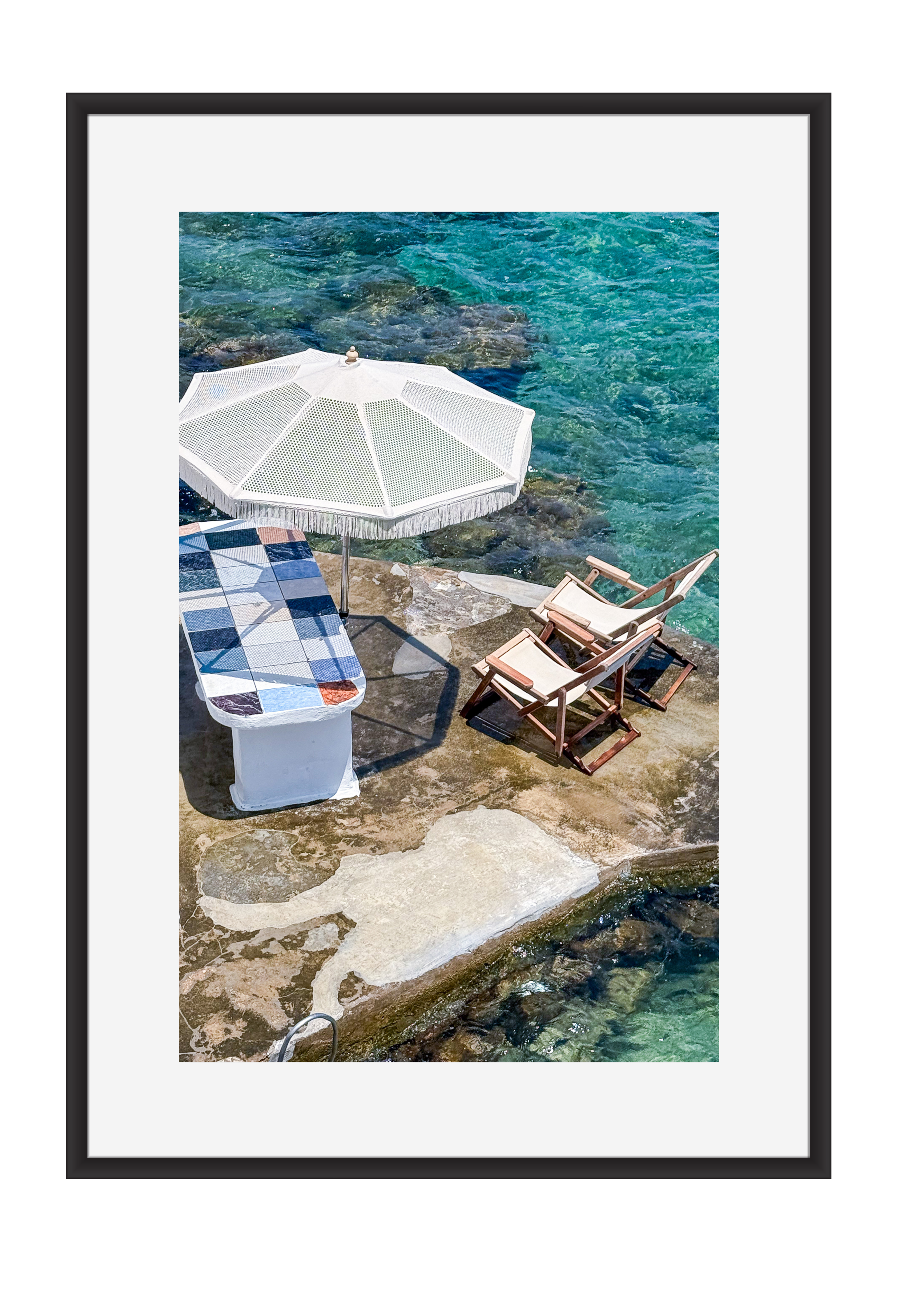 Taverna table at the water's edge in Mandrakia, Milos – photographic wall art print