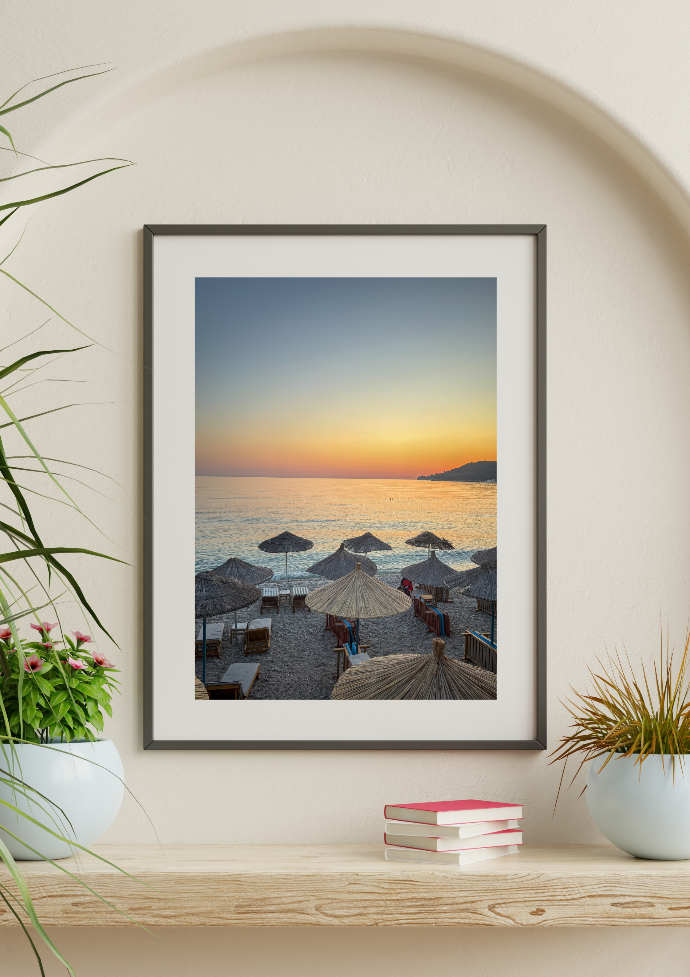 Straw beach umbrellas at dusk in Himare, Albania – photographic wall art print