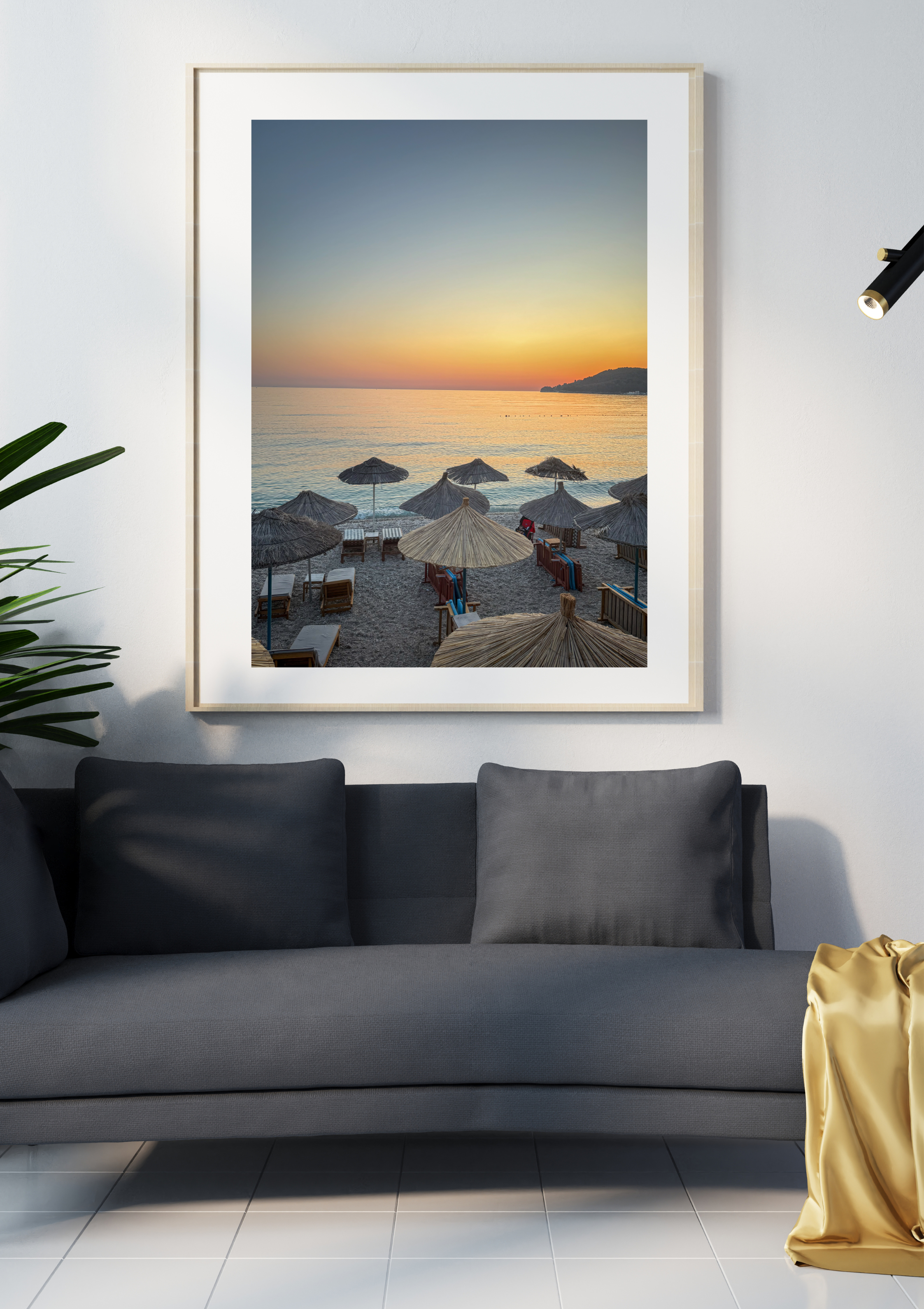 Straw beach umbrellas at dusk in Himare, Albania – photographic wall art print