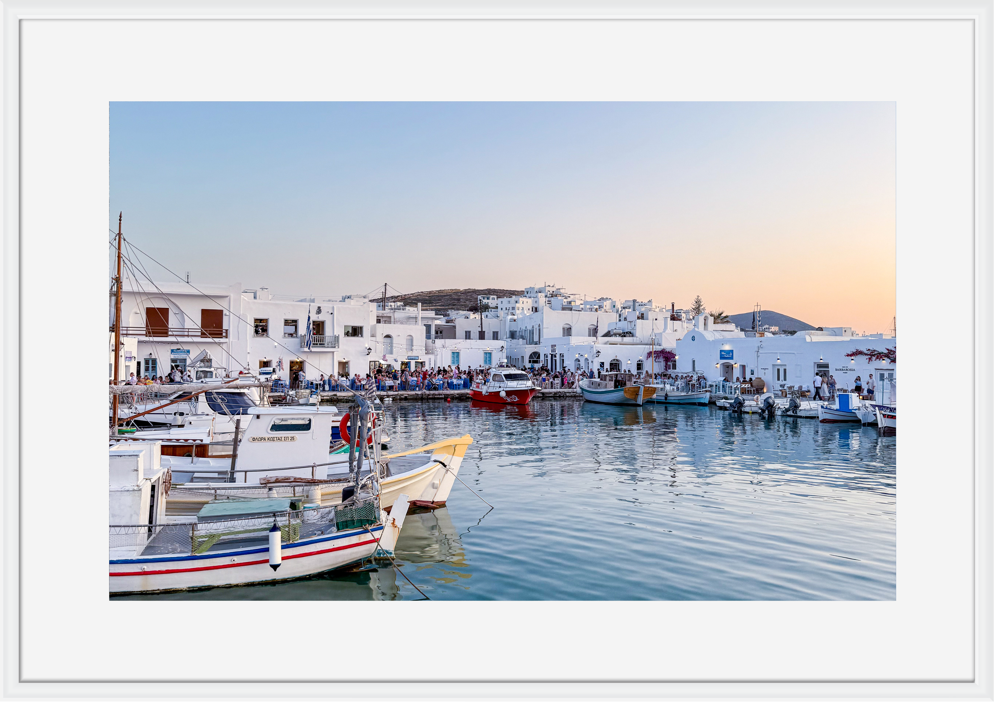 Golden hour over Naousa Harbour, Paros, Greece – photographic wall art print